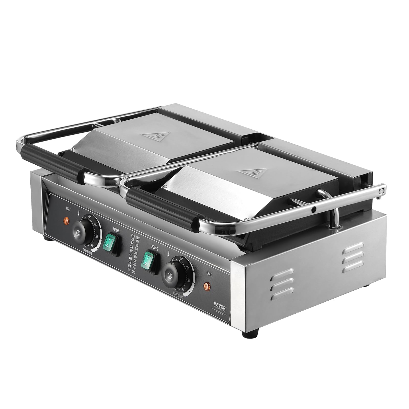 VEVOR 3600W Commercial Electric Panini Grill Press, Stainless Steel Double Sandwich Maker with Temperature Control & 19
