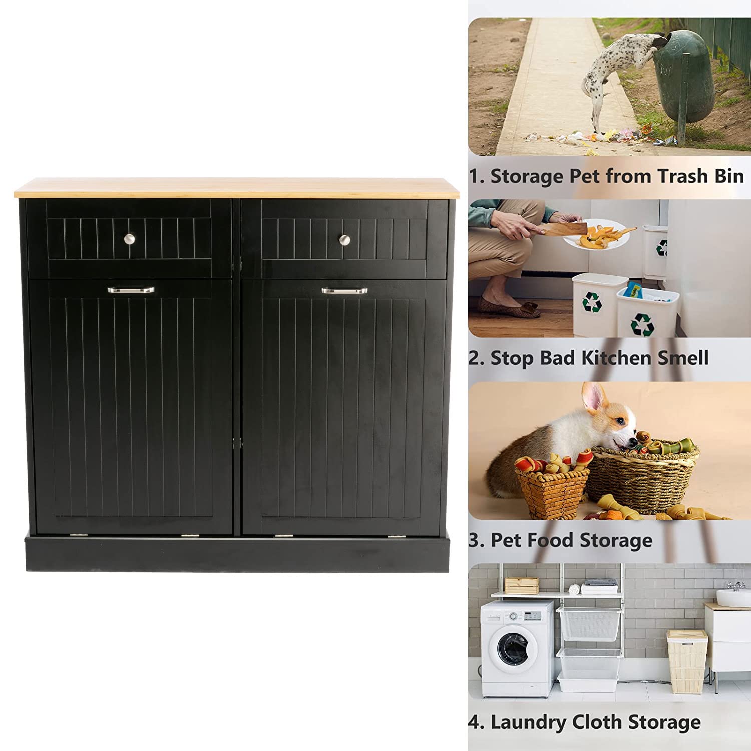 Gitua Freestanding Trash Cabinet with Tilt-Out Drawer - Pet Proof Kitchen Waste Bin & Laundry Hamper with Built-in Cutting Board - Wooden Recycling Station & Hideaway Trash Holder (2 Drawers, Black) - Perfect for Kitchens, Laundry Rooms & Small Spaces