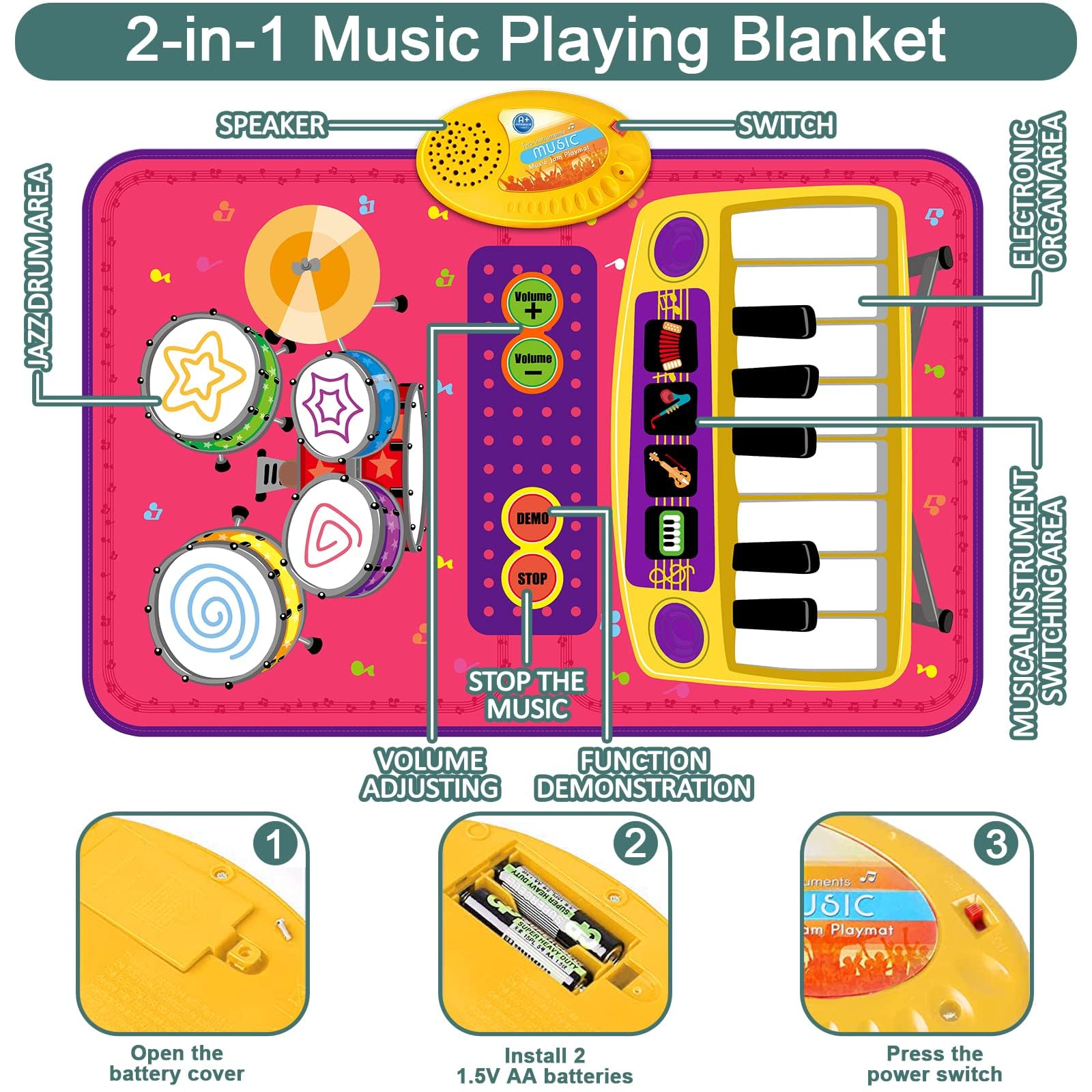 PRAGYM Musical Playmat for Toddlers - 2-in-1 Piano Keyboard & Drum Baby Toy - Educational Gift for 1-2 Year Old Girls & Boys - First Birthday Present - Perfect for Early Learning & Sensory Development at Home or Daycare