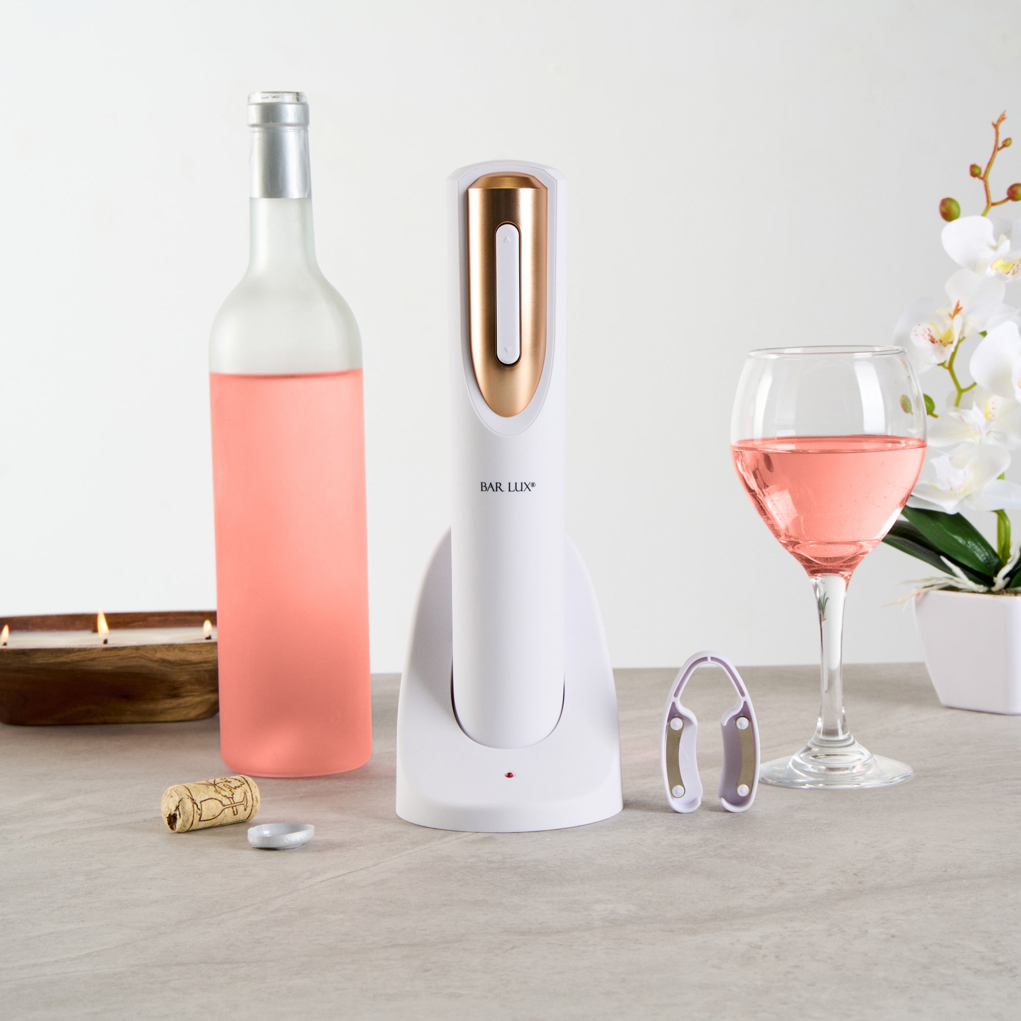 Premium White & Rose Gold Electric Wine Opener with Charging Base & Foil Cutter - Cordless Automatic Corkscrew for Easy Wine Opening - Perfect for Dinner Parties, Gifts & Home Bars (1 Count)