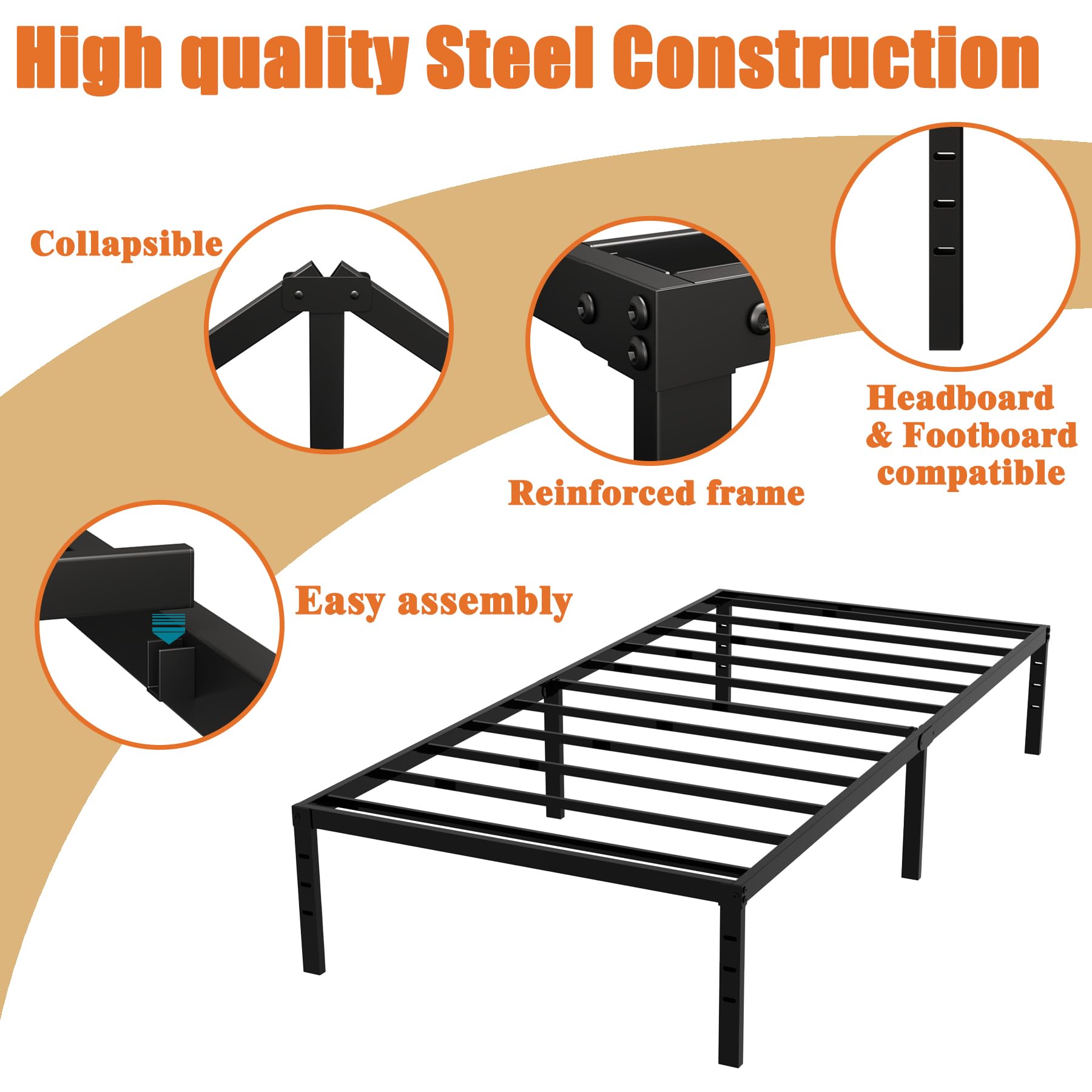 Heavy Duty Twin Size Metal Bed Frame - 14 Inch Platform with Slat Support, No Box Spring Needed, Underbed Storage, Easy Assembly, Black - Perfect for Kids Rooms, Guest Beds & Small Spaces