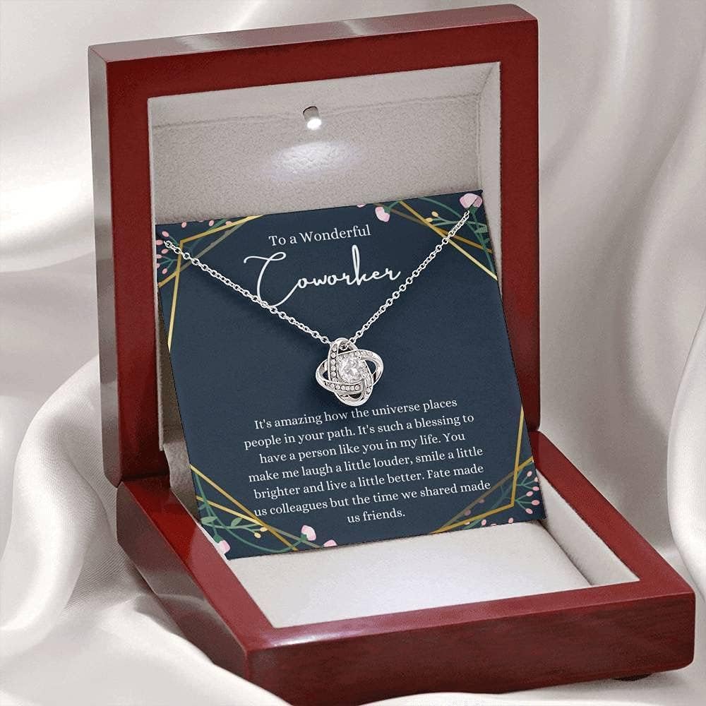 Personalized Love Knot Necklace - Handmade Jewelry Gift for Coworkers Farewell, Women's Going Away Present in White & Gold, Custom Sizes - Perfect for Office Goodbyes & Special Occasions