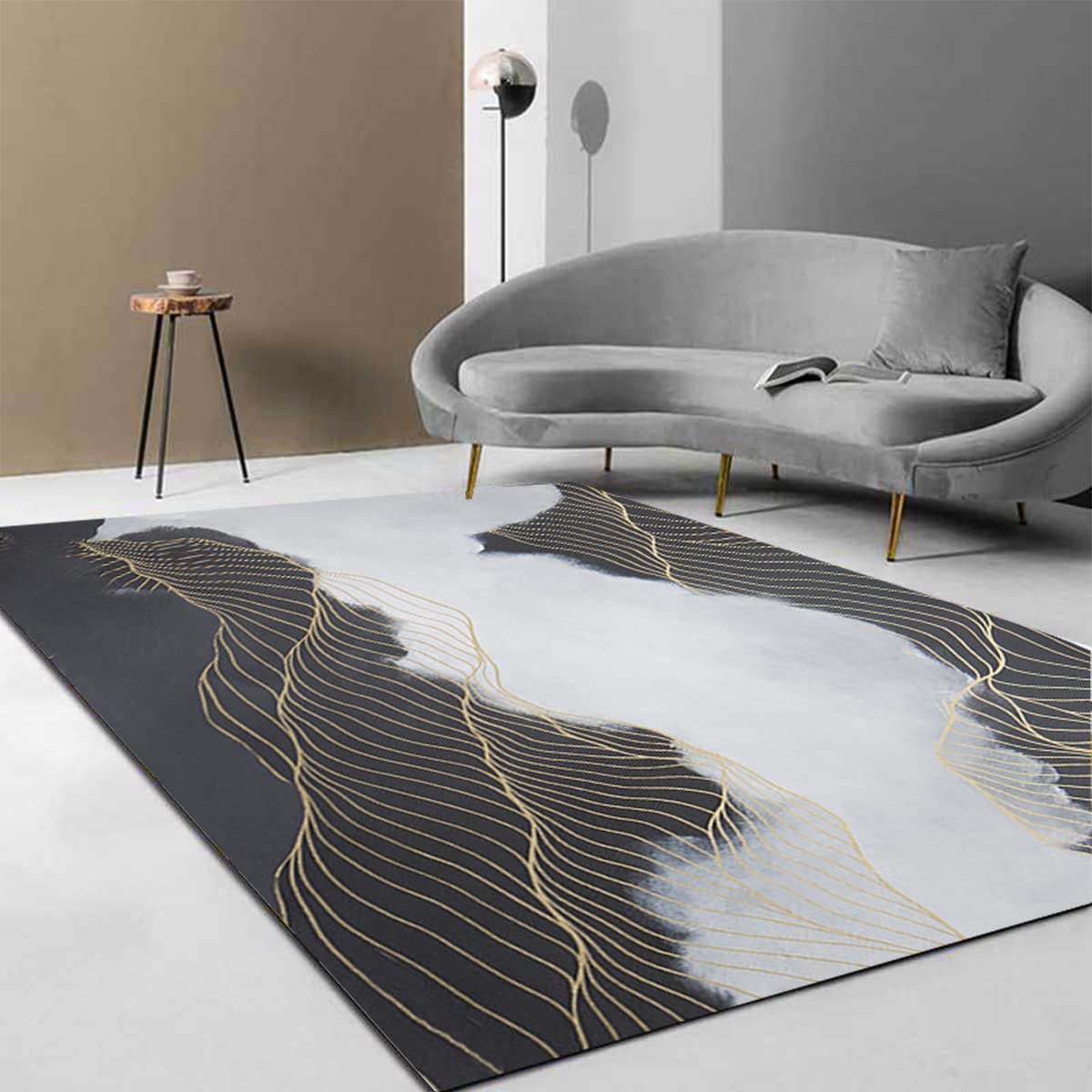 Modern Abstract Area Rug 6x9 Feet - Black Grey Gold Art Print Washable Soft Thick Carpet - Non-Slip Indoor Rug for Bedroom, Living Room, Dining Room, Kitchen, Laundry, Home Office - Perfect for Contemporary Home Decor & High-Traffic Areas