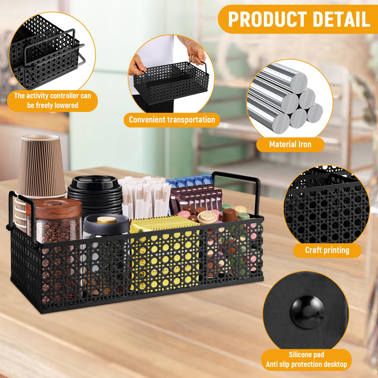 Metal Coffee Bar Organizer Countertop Station with Handles - Mesh Black Coffee Pod Holder for Keurig K-Cups, Tea & Condiments - Perfect for Kitchen Counter, Office Breakroom & Coffee Shop Organization