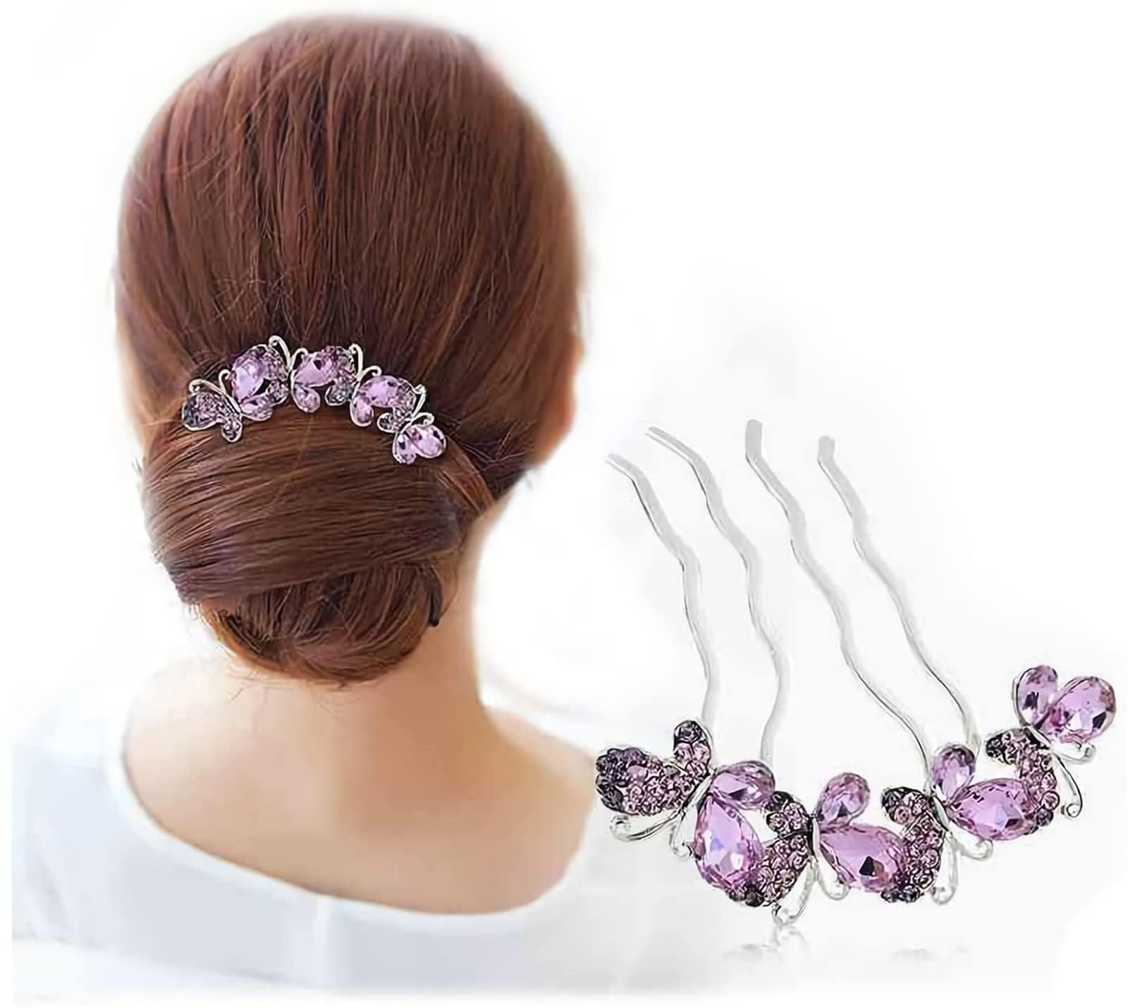 Vintage Rhinestone Butterfly Hair Clip - 4-Tooth Hairpin with Crystal Inlaid Floral Design, Women's Hair Accessories for Weddings, Parties & Special Occasions (Purple)