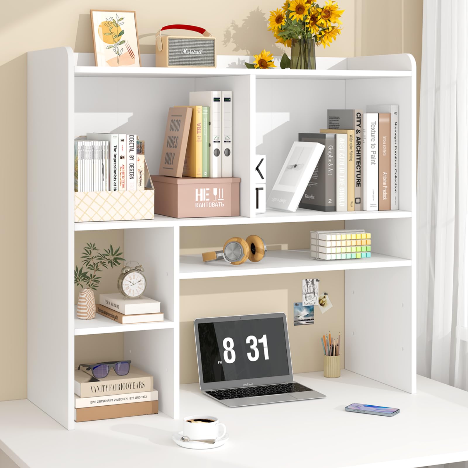 Adjustable 5-Tier Desktop Bookshelf Organizer - White Computer Desk Shelf with Storage Hutch for Home Office & Dorm | Perfect for Displaying Books, Decor & Office Supplies on Your Workspace