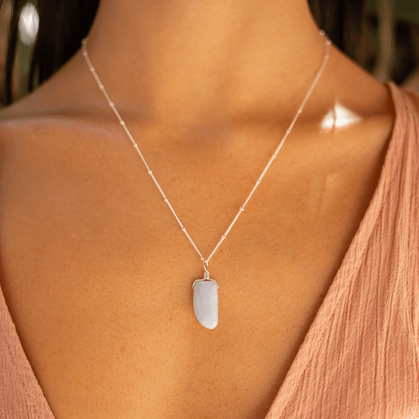 Blue Lace Agate Crystal Pendant Necklace - Smooth Stone Healing Jewelry for Women, Gift for Her | Perfect for Meditation, Yoga & Spiritual Healing