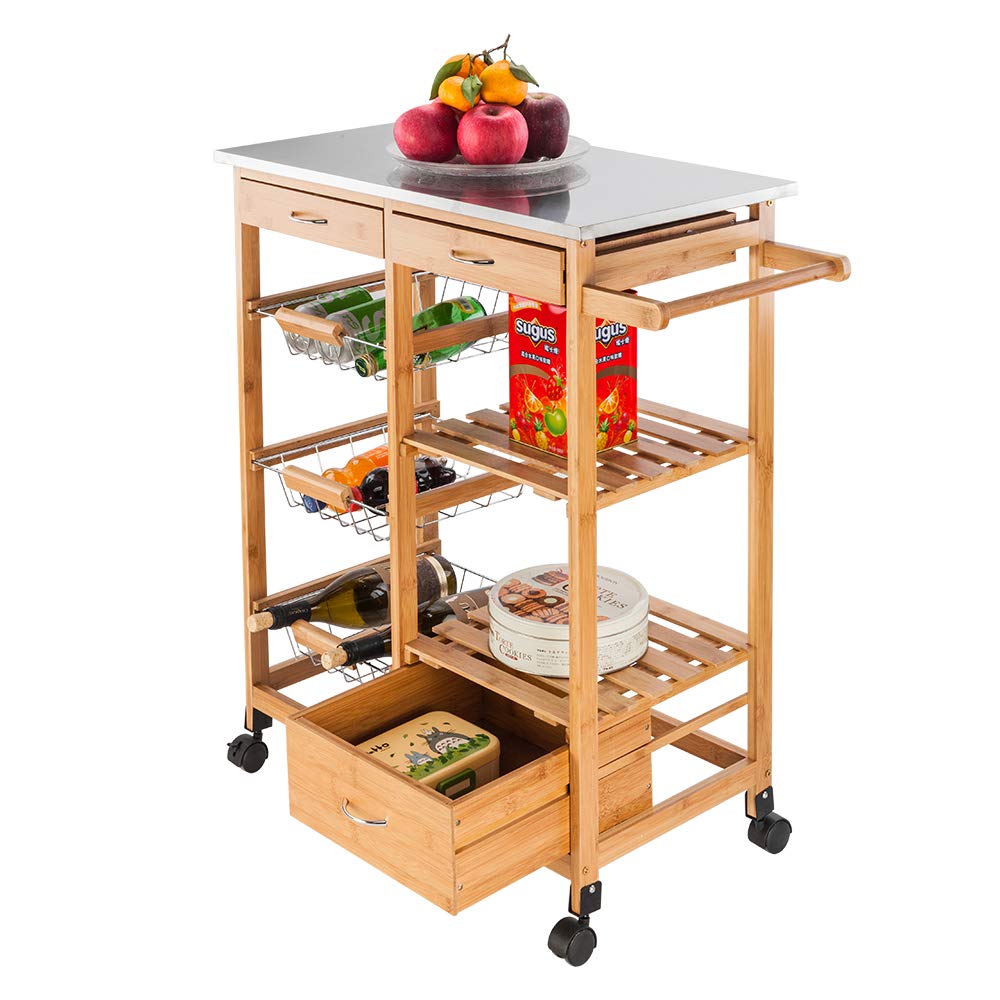 Stainless Steel Kitchen Cart with Wheels - Wooden Mobile Kitchen Island with Storage Drawers & Baskets - Perfect for Small Spaces, Dining Stand, and Countertop Organization