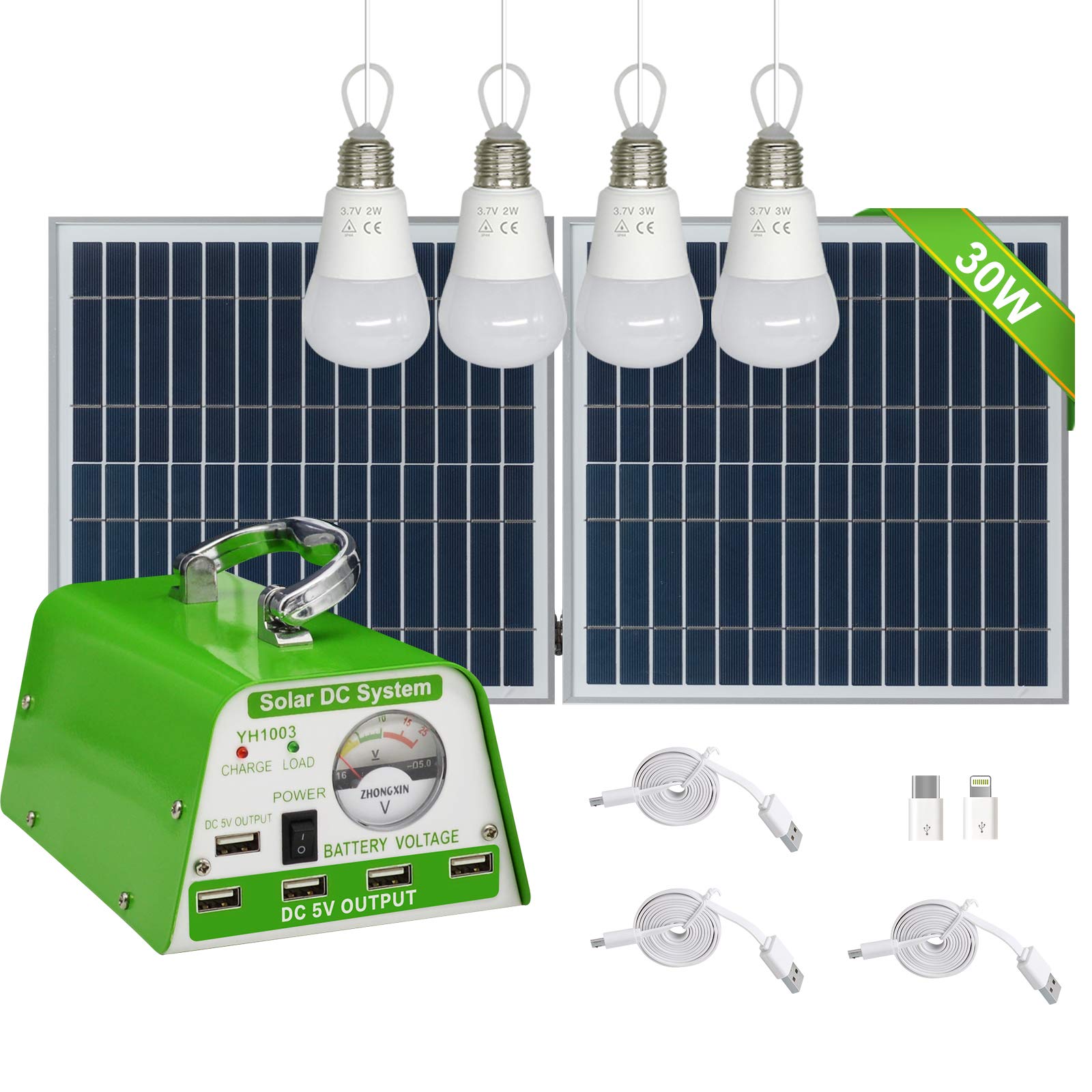 30W Solar Panel Kit with 4 Bulbs Solar Shed Lights - 115WH Backup Battery, On/Off Switch, Phone Charger & AC/DC Adapter | Complete Home Solar Power System for Indoor Use, Emergency Lighting & Off-Grid Living