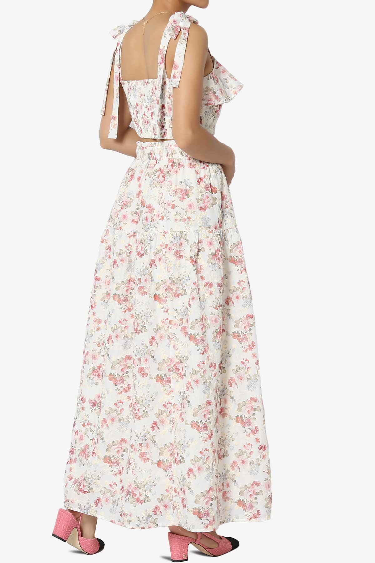 TheMogan Women's Embroidered Floral Tie Ruffle Crop Top & A-Line Skirt Set 2-Piece Outfit for Summer Beach Vacation, Party, Date Night and Casual Wear