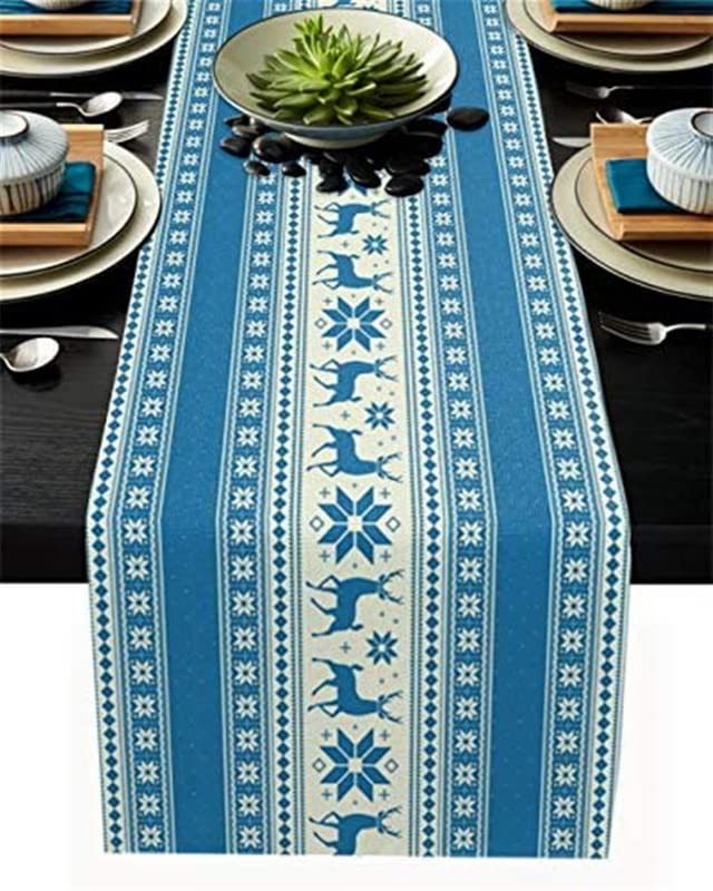 Christmas Elk Snowflake Blue Stripes Table Runner - 13x70 Inch Holiday Dining & Coffee Table Decor for Kitchen, Wedding, and Home - Perfect for Festive Gatherings & Seasonal Celebrations