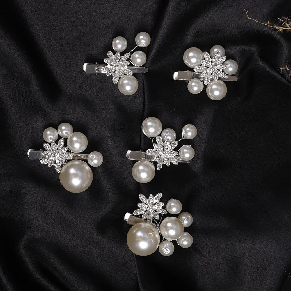 Jumwrit Pearl Rhinestone Bridal Hair Clips - 5PCS Handmade Crystal Wedding Hairpins for Women & Girls | Silver Floral Hair Accessories for Bride & Bridesmaid | Perfect for Weddings, Prom, Parties & Special Occasions