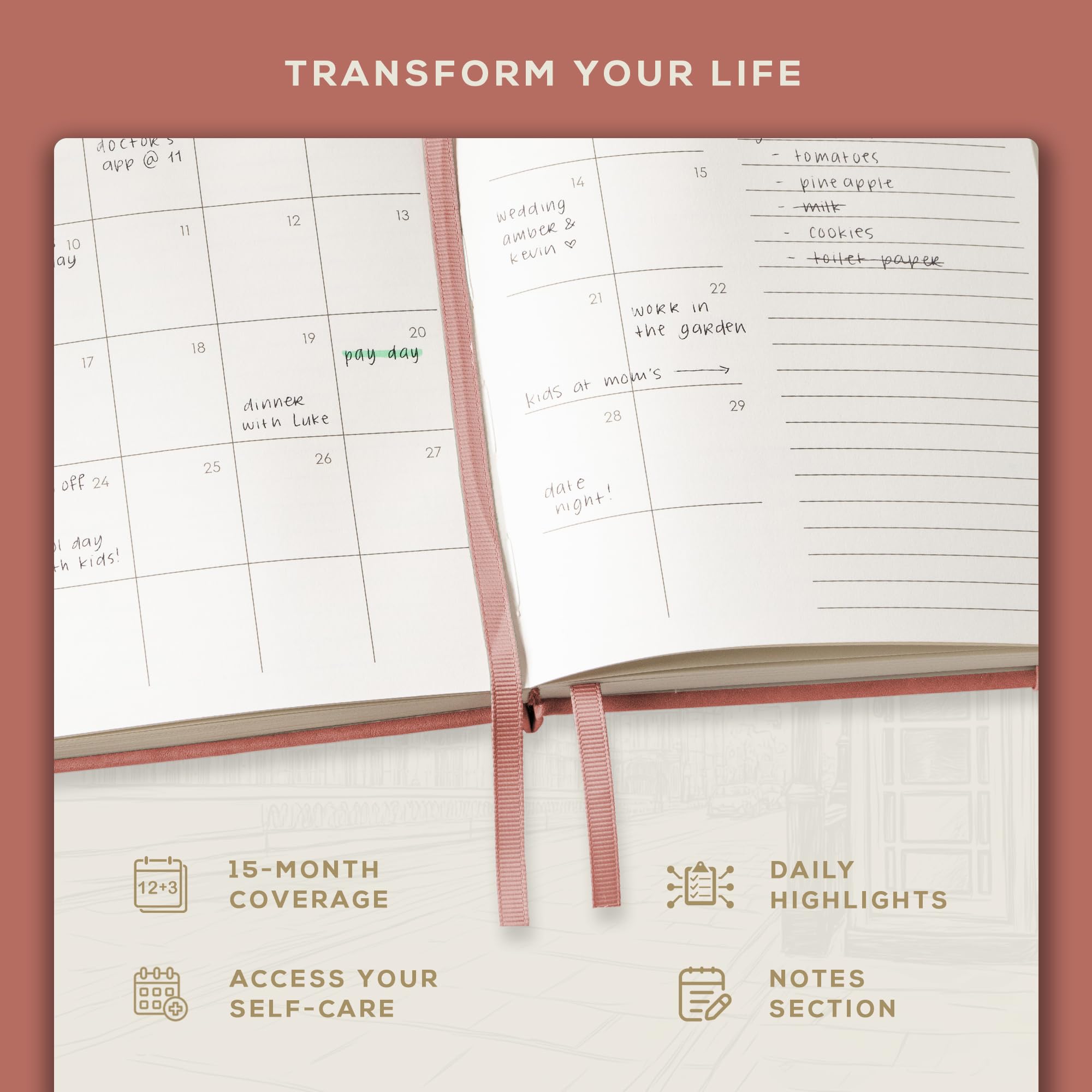 Beechmore Books 2025 Planner - A5 Size, Rose Vegan Leather Hardcover Journal | 120gsm Thick Paper, Year & Month View, Goal Setting & Appointment Sections | Perfect for Daily Planning, Work Organization & Gift Giving