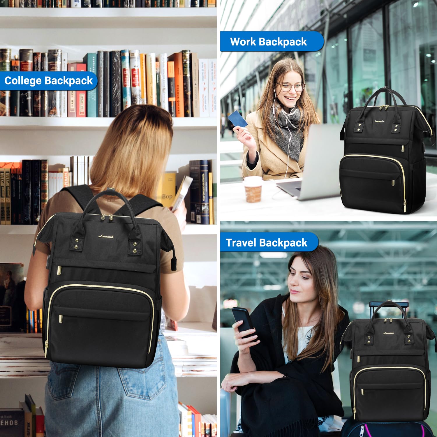 LOVEVOOK 15.6 Inch Laptop Backpack for Women - Waterproof Anti-Theft Work Backpack with USB Charging Port - Perfect for College, Office, Travel & Commuting - Teacher Nurse Computer Bag in Black