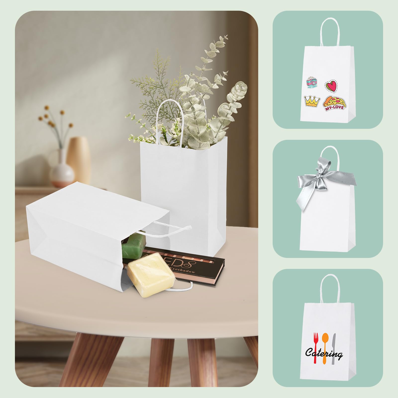 Premium White Kraft Paper Gift Bags with Handles - 5.25