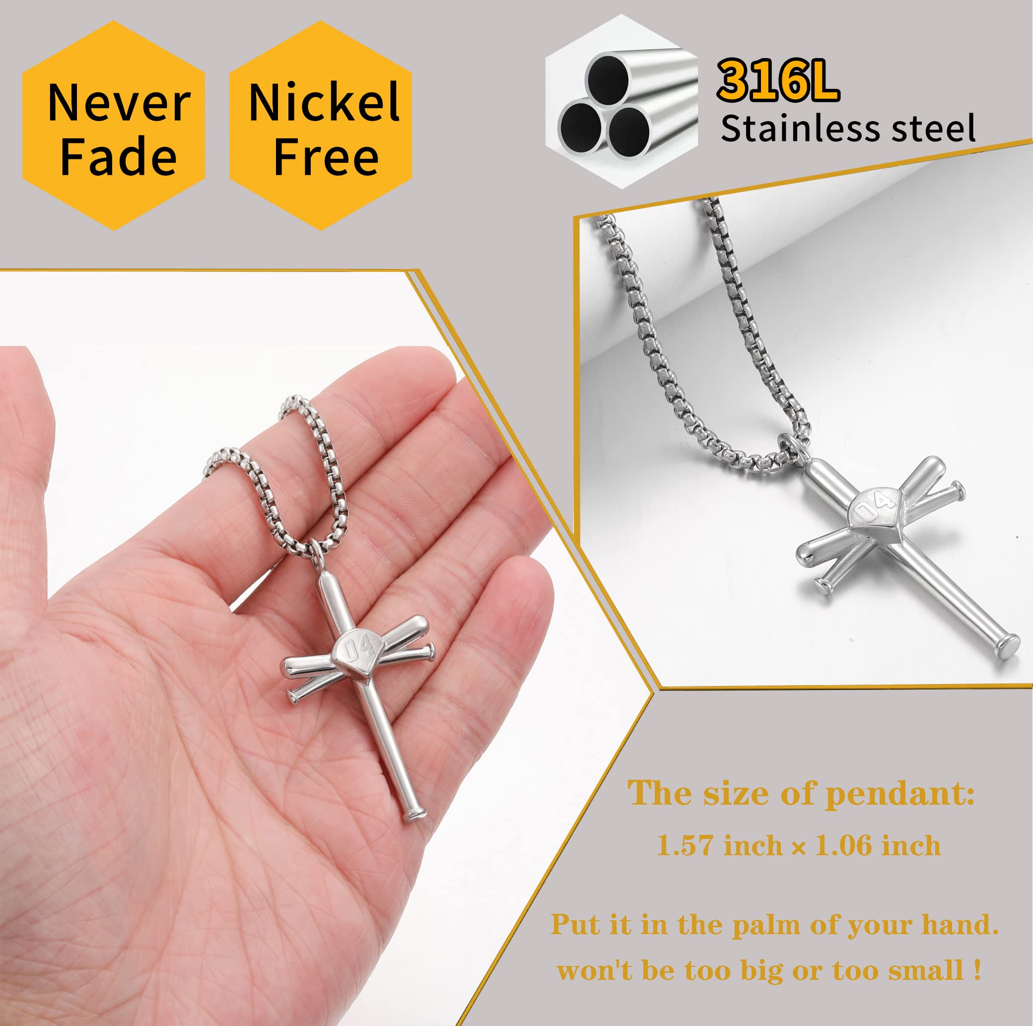 Stainless Steel Baseball Cross Pendant Necklace for Men - Sports Jewelry Gift for Athletes & Boys - Perfect for Baseball Games, Training & Fan Apparel