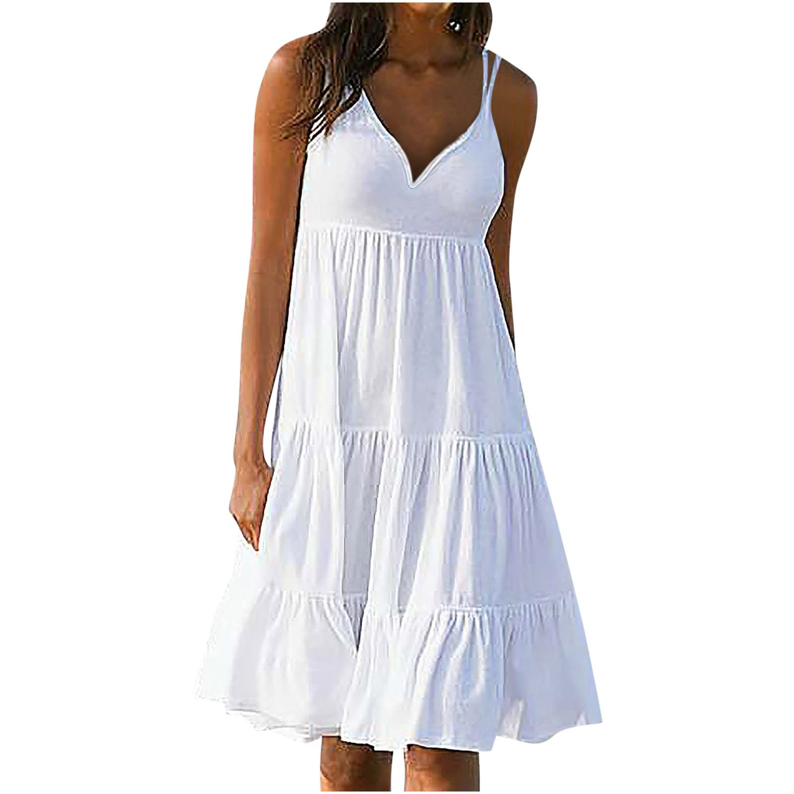 2022 Women's Sundresses - Casual Sleeveless V-Neck Summer Dresses | Sexy Camisole with Ruffle Trim | Slim & Flowy Solid Color Beach Dress for Vacation, Pool Party & Outdoor Date Night
