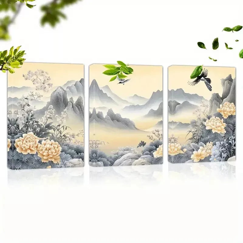 3-Piece Serene Landscape with Blooming Peonies Framed Canvas Wall Art Set - 50x70cm High Quality Print | 100% Australian Made | Ready to Hang | Perfect for Living Room, Bedroom & Office Decor