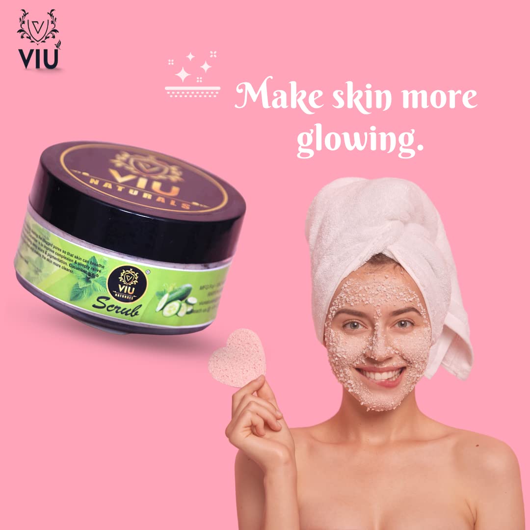 VIU NATURAL Cucumber & Mint Facial Scrub - 100g Natural Exfoliator for Glowing Skin | Gentle Face Cleanser for Dry & Sensitive Skin | Perfect for Morning Routine & Spa Day at Home