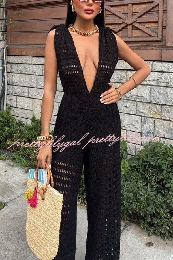 Stylish Solid Color Knitted V-Neck Casual Jumpsuit for Women | Holiday & Everyday Wear | Perfect for Beach, Party, and Office Outfits