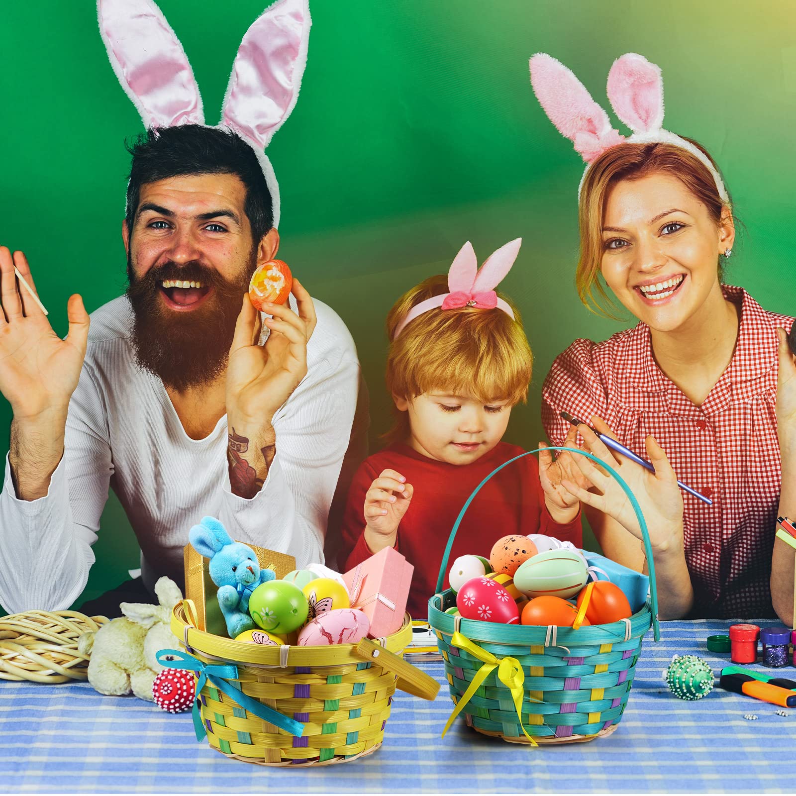 Yulejo Easter Woven Bamboo Basket Set - 4 Piece Round Small Baskets with Handles for Easter Egg Hunt, Picnic, Party Supplies & Birthday Decorations - Perfect for Spring Celebrations, Home Decor and Gift Giving