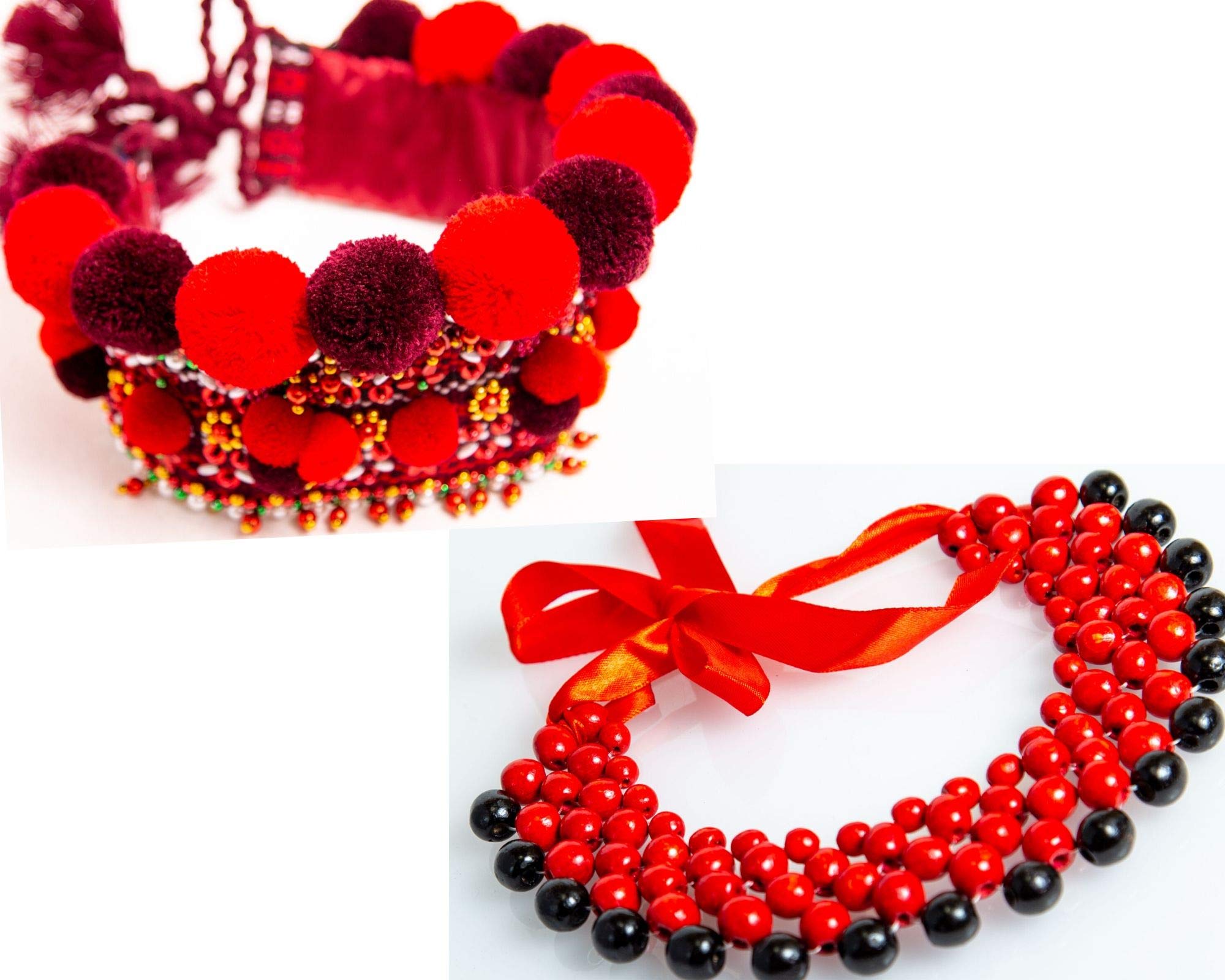 Ukrainian Traditional Wedding Kokoshnik Headpiece & Necklace Set - Handmade Beaded Vyshyvanka Style Easter Headdress Wreath (Red) - Perfect for Bridal Ceremonies, Cultural Festivals & Themed Photoshoots