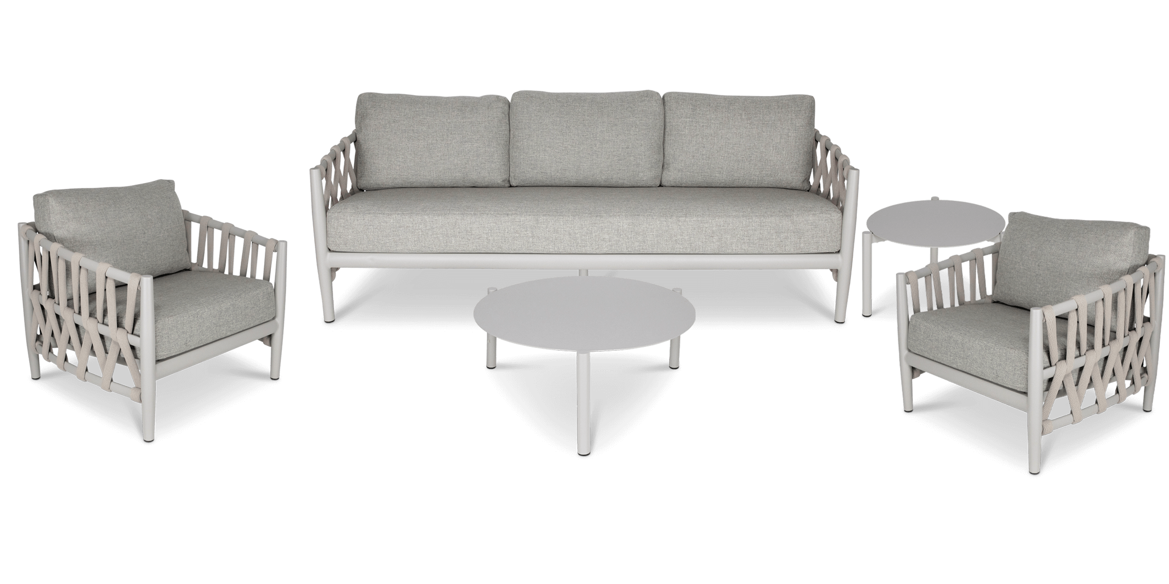 Kirra 3-Seater Sofa Set with 2 Armchairs, Coffee Table & Side Table in Fawn - Olefin Cushions & Rope Design for Living Room, Lounge, or Patio Furniture