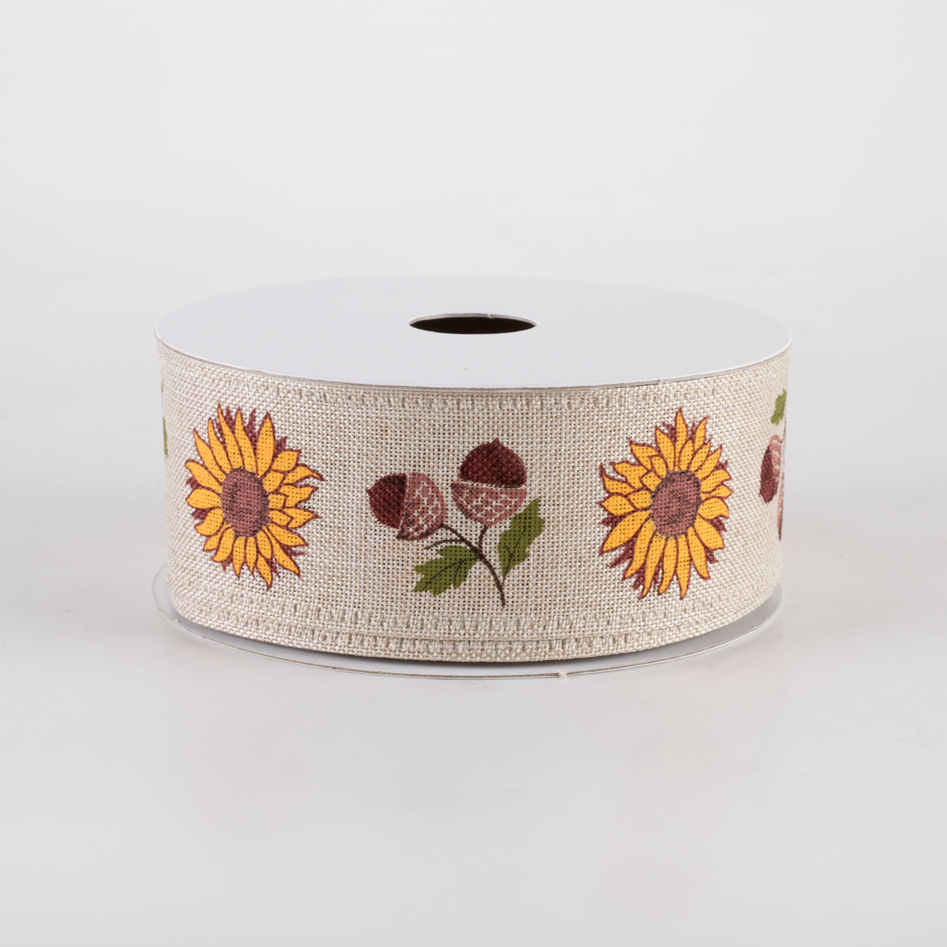 1.5 Inch Linen Big Sunflower & Acorns Ribbon - Natural Decorative Fabric Trim (10 Yards) for DIY Crafts, Gift Wrapping, and Home Decor