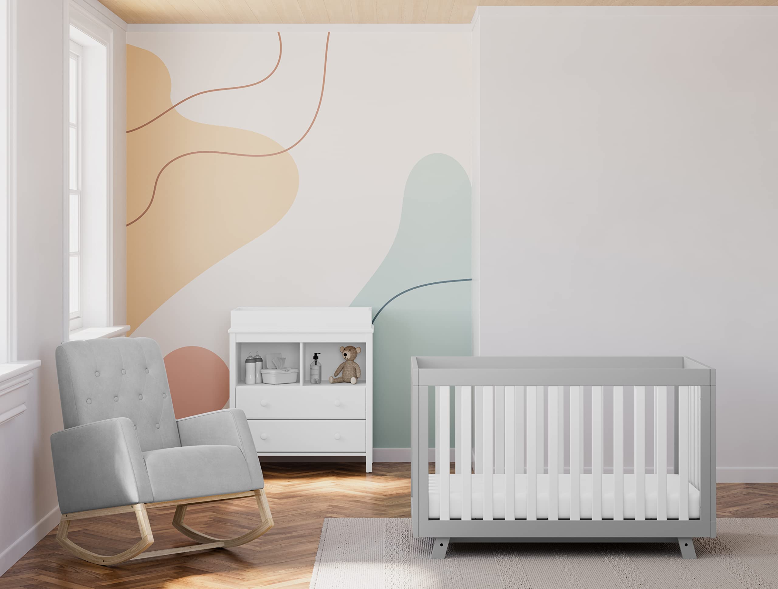 Storkcraft Northern Lights Nursery Rocker - Upholstered Button-Tufted Rocking Chair with Gentle Motion & Solid Wood Base (Steel/Natural) | Perfect for Baby Nurseries, Breastfeeding & Relaxing Moments