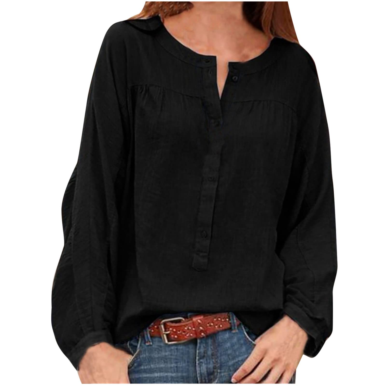 Women's Vintage Casual Henley Tunic Top - Loose Batwing Long Sleeve Quarter Button Up Peasant Blouse for Everyday Wear & Boho Style Outfits