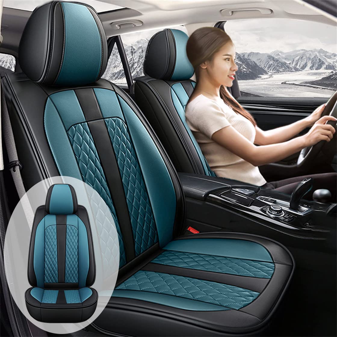 Rasiarpio Universal Car Seat Covers - Premium Faux Leather Auto Seat Protectors for BMW E46 E90 F30 E92 E93 GT Models (Front & Rear Set, Black/Blue) | Perfect for Daily Commuting, Road Trips & Vehicle Protection