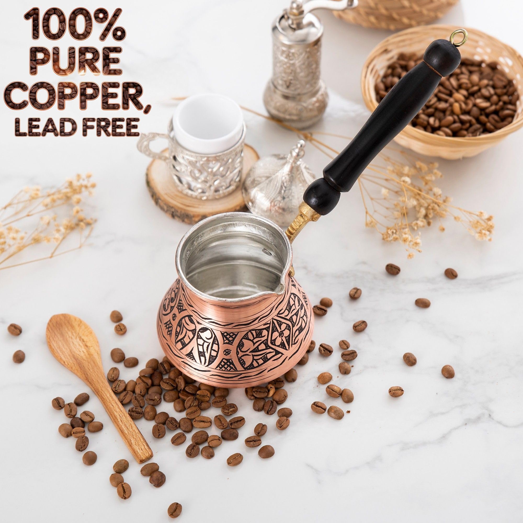 12 Oz Hammered Copper Turkish Greek Arabic Coffee Pot with Wooden Handle - Cezve, Ibrik, Briki for 4 Cups - Fortune Telling App Compatible - Perfect for Home Brewing, Gifts & Traditional Coffee Ceremonies