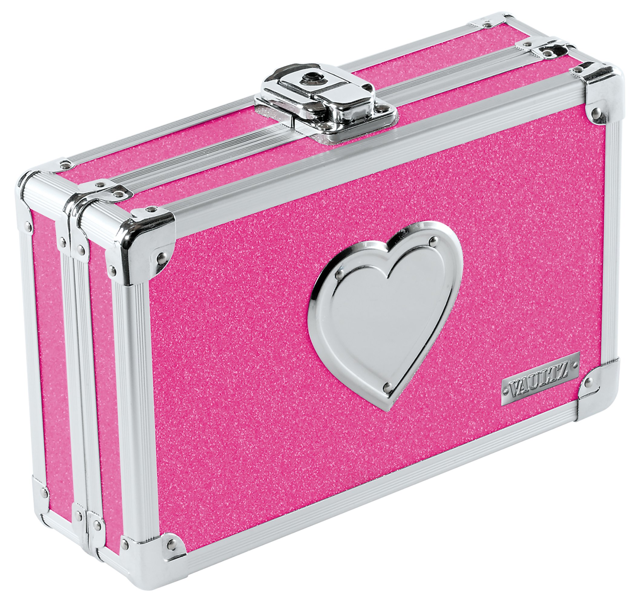 Vaultz Small Lock Box - 8.5 x 5 x 2.5 Inch Mini Safe with Key Lock for School Supplies, Money, Medicine & Valuables - Pink Bling with Heart Design - Perfect for Home, Office, Dorm & Travel Security