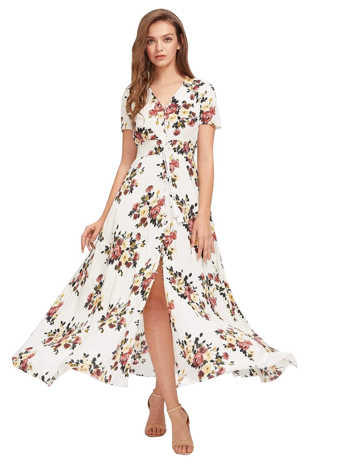 Milumia Women's Floral Print Button Up Maxi Dress - Elegant Party & Evening Gown with Side Slit for Weddings, Cocktail Events & Summer Vacations