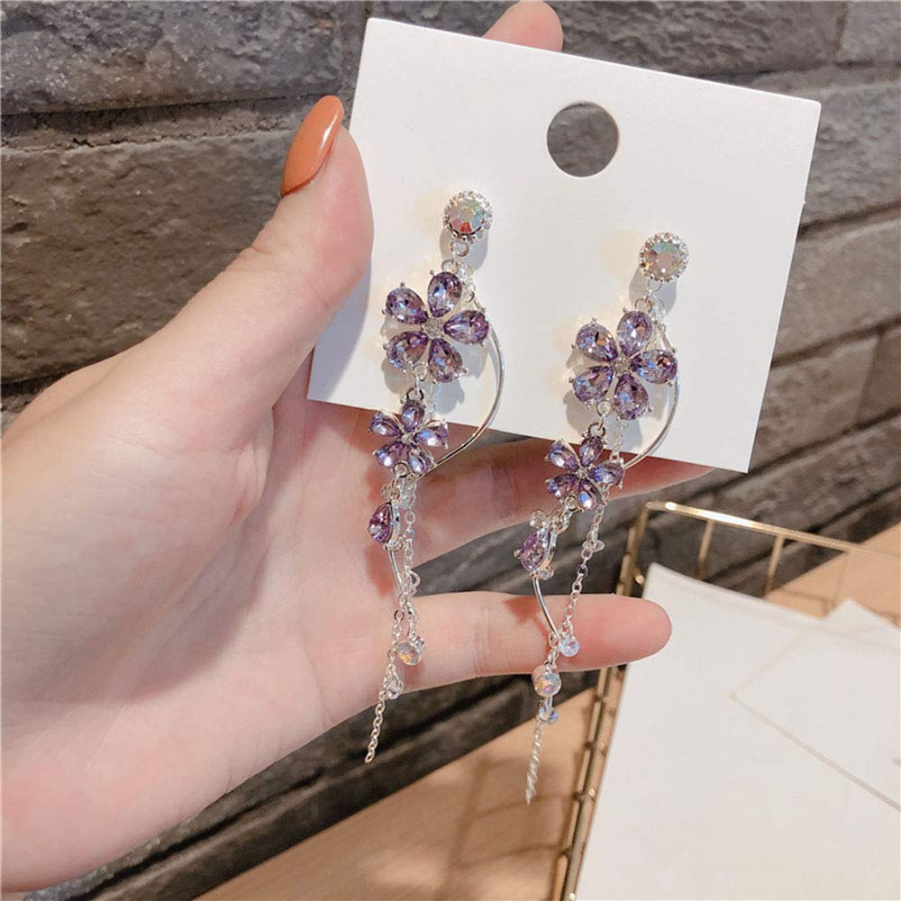 Xerling Crystal Wedding Flower Drop Earrings for Women – Elegant Long Purple Flower Tassel Dangle Earrings with Rhinestones | Perfect for Bridal, Prom, Evening Party & Special Occasions