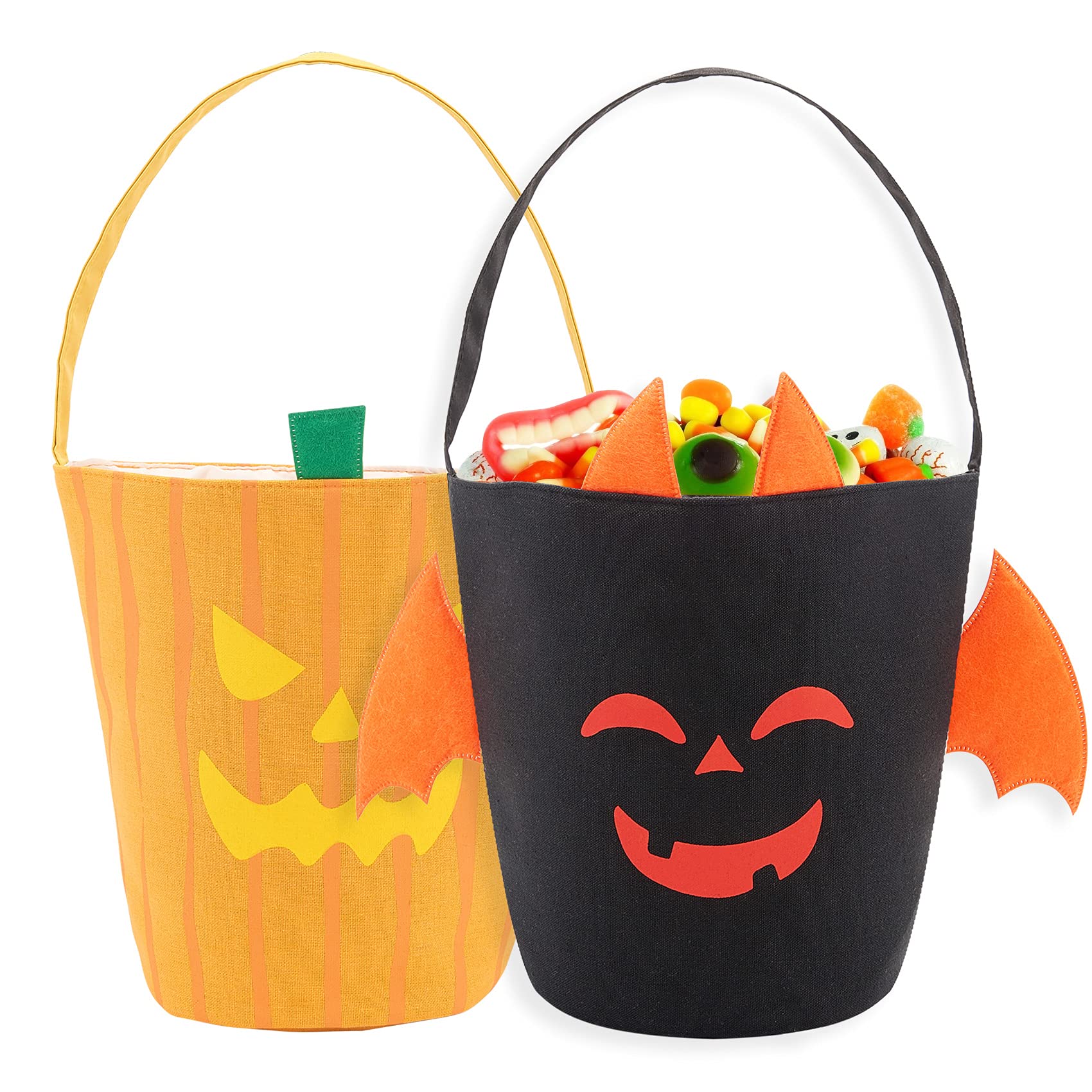 Halloween Treat Bags & Candy Bucket Set - 2 Pack Reusable Pumpkin & Bat Canvas Tote Bags for Kids Halloween Party Favors, Trick or Treat, School Events & Costume Accessories