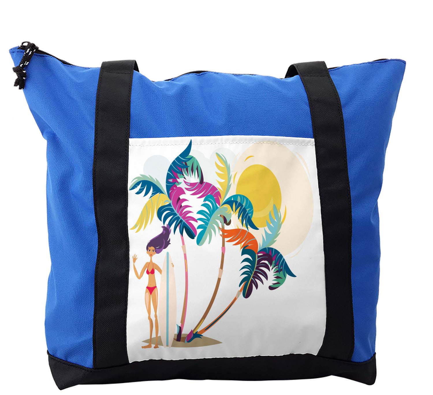 Lunarable Surf Shoulder Bag - Cartoon Girl Tropical Beach Design - Durable Zipper Closure Beach Bag for Surfing, Travel & Summer Outings