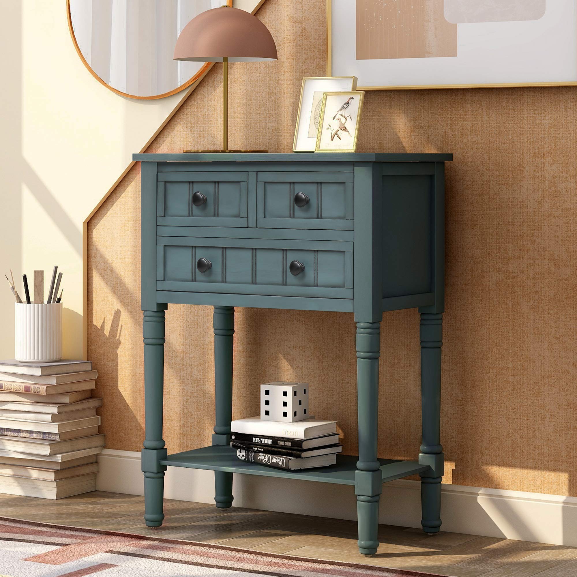 Narrow Console Table with 4 Storage Drawers & Bottom Shelf - Solid Wood Sofa Table, Entryway Table for Living Room, Hallway - Easy Assembly (Navy) | Perfect for Small Spaces, Behind Sofa, or as Entryway Storage Solution