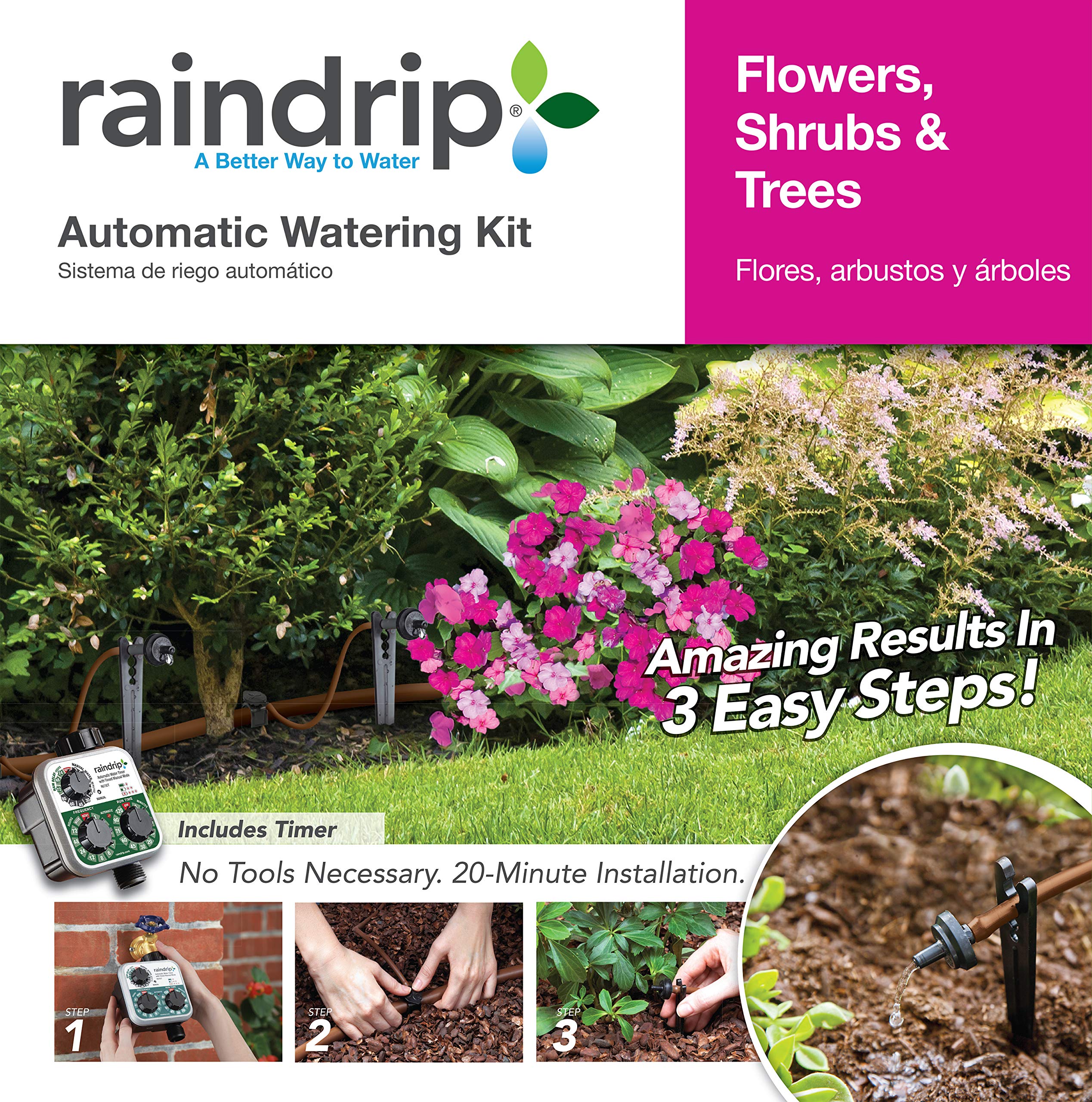 Raindrip SDFSTH1P Automatic Drip Irrigation Watering Kit with Timer - Adjustable 2 GPH Drippers for Flowers, Shrubs, Trees (Up to 10 Plants) | Perfect for Garden, Greenhouse & Landscape Watering System