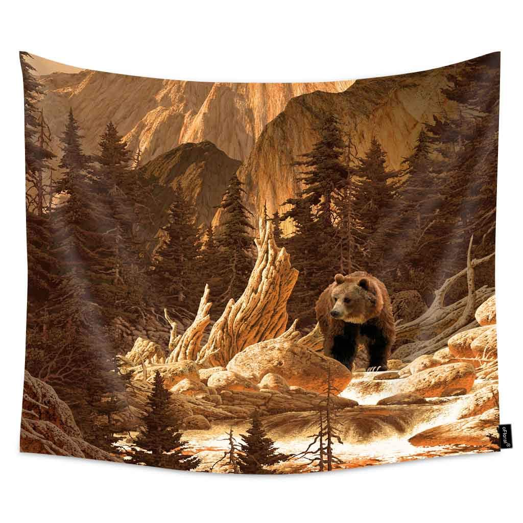 Floral Brown Bear Hanging Tapestry - Rocky Mountains Yellowstone Grizzly Landscape Wall Art for Living Room & Bedroom Decor - 60x80 Inches Printed Tapestry - Perfect for Boho Home Decor, Dorm Room, or Gift Idea