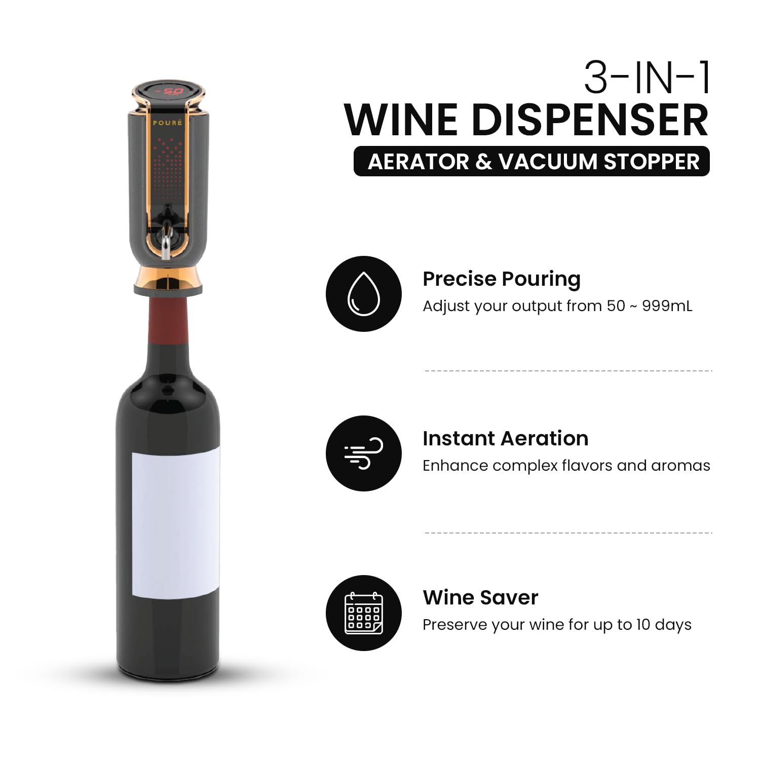 3-IN-1 Electric Wine Dispenser Aerator & Vacuum Stopper - Smart Liquor Decanter Pourer with Touch Screen LED Display & Temperature Monitor - Perfect Gift for Wine Lovers - Ideal for Home Bars, Dinner Parties & Wine Tasting Events