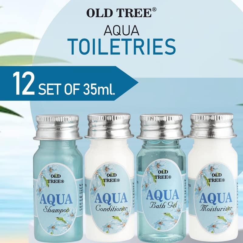 Old Tree Aqua Body Care Travel Kit 35ml (12-48 Pcs Set) | Shampoo, Conditioner, Shower Gel & Moisturizer for Men & Women | Travel-Size Toiletries | Perfect for Hotels, Gyms, Camping & Air Travel | Vegan & Cruelty-Free