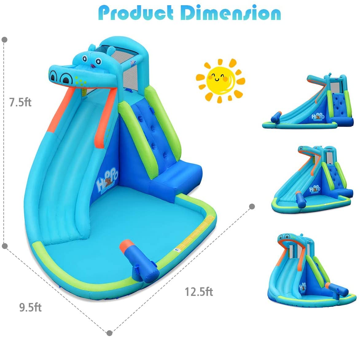 HONEY JOY Inflatable Water Slide - Hippo Theme Blow Up Bounce House with Climbing Wall for Backyard, Outdoor & Indoor Use - Kids and Adults Water Park Play Equipment (Blower Not Included) - Perfect for Summer Parties, Family Gatherings and Backyard Fun