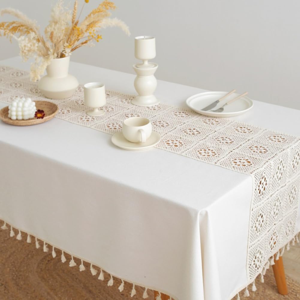 AMZALI Farmhouse Tablecloths - Washable Rectangle Dining Table Cover, Dust-Proof Crochet Patchwork Tablecloth for Kitchen, Wedding, Party & Banquet - Beige - Perfect for Rustic Decor, Holiday Gatherings & Everyday Dining