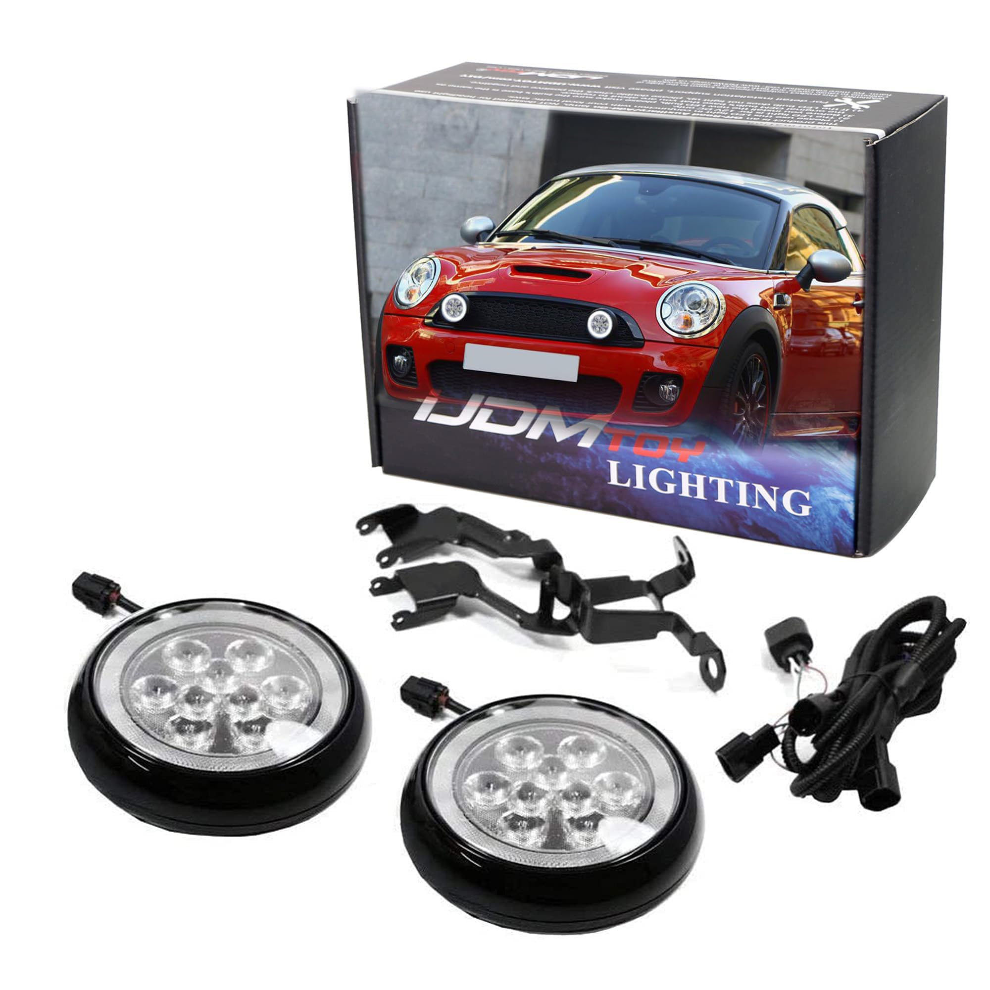 iJDMTOY Black LED Rally Driving Lights for Mini Cooper - 9x 3W High Power LED Driving Lamps & 30-LED Halo Ring DRL | Off-Road, Night Driving & Style Upgrade