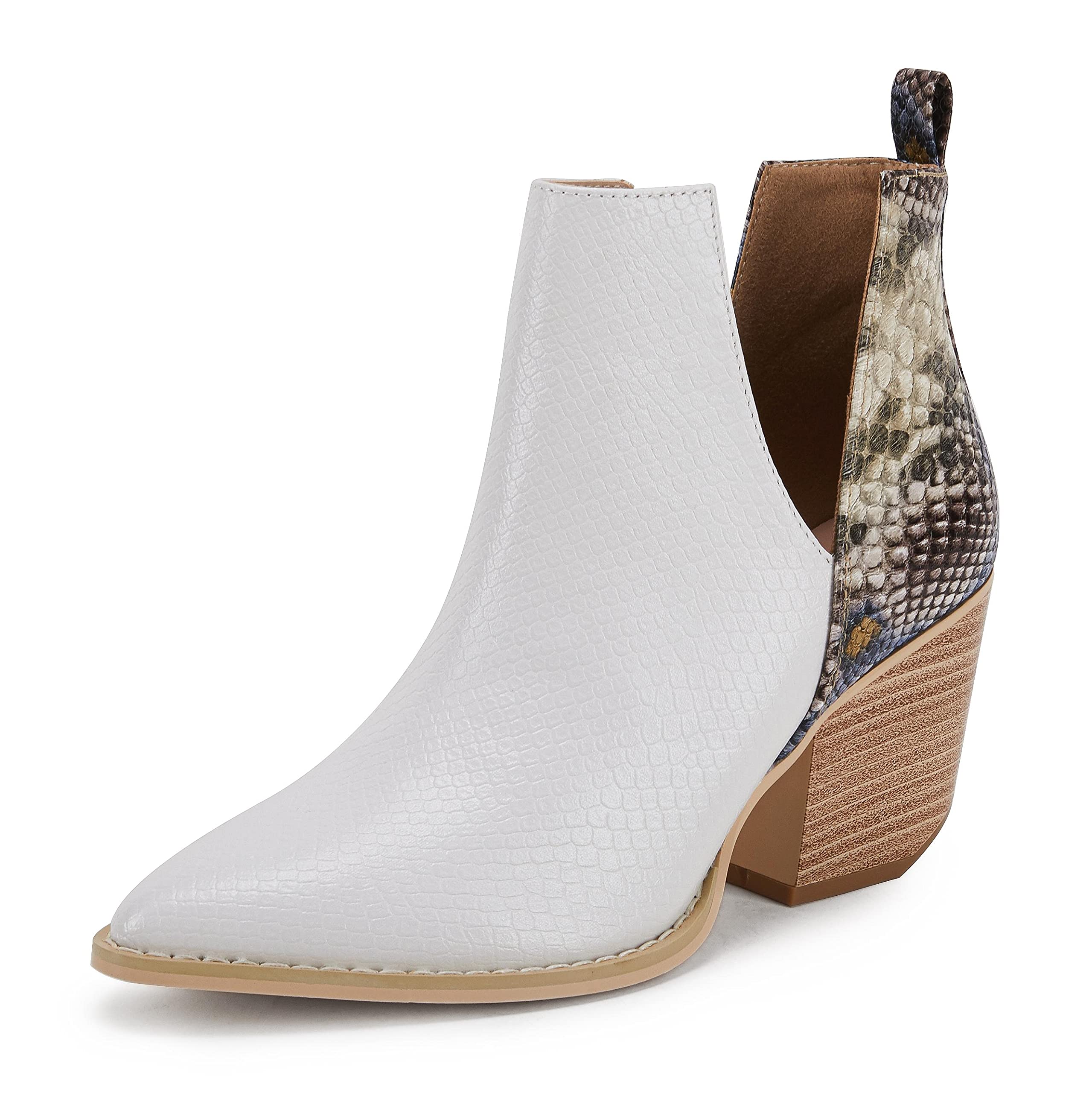 Women's Ankle Boots - Slip On Cutout Pointed Toe Snakeskin Chunky Stacked Mid Heel Booties for Casual Outfits, Office Wear & Night Out
