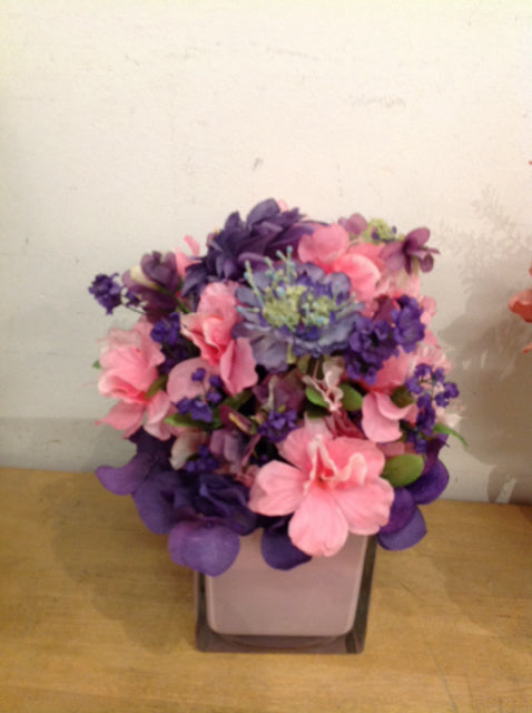 13 Pink & Purple Artificial Flowers in Glass Vase - Elegant Home Decor for Living Room, Wedding Centerpiece & Office Desk
