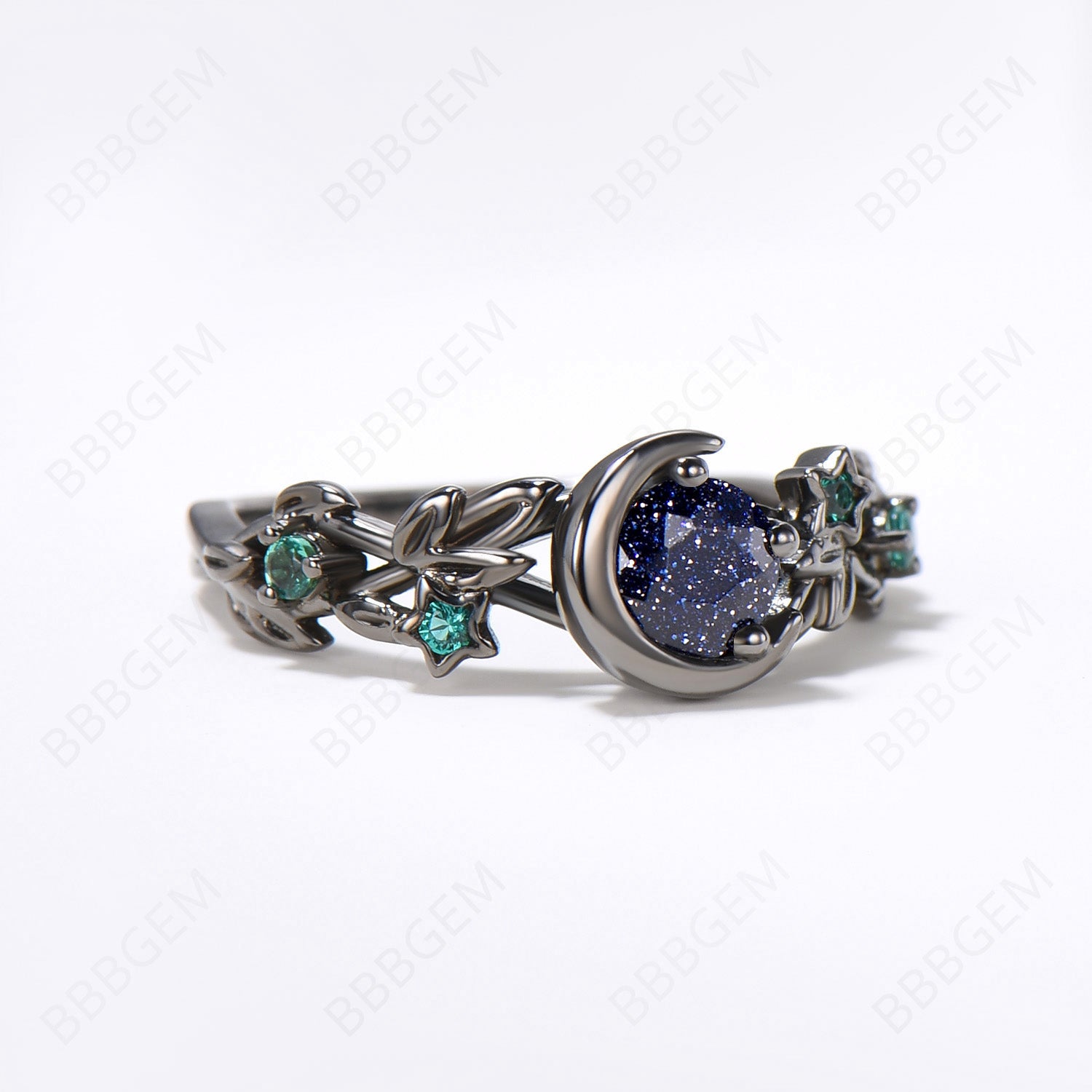 Celestial Moon Blue Goldstone Ring - Unique Black Gold Starry Sky Sandstone Ring, Nature Inspired Leaf Emerald Wedding Band, Witchy Jewelry Gift for Women (Perfect for Boho, Gothic & Spiritual Occasions)