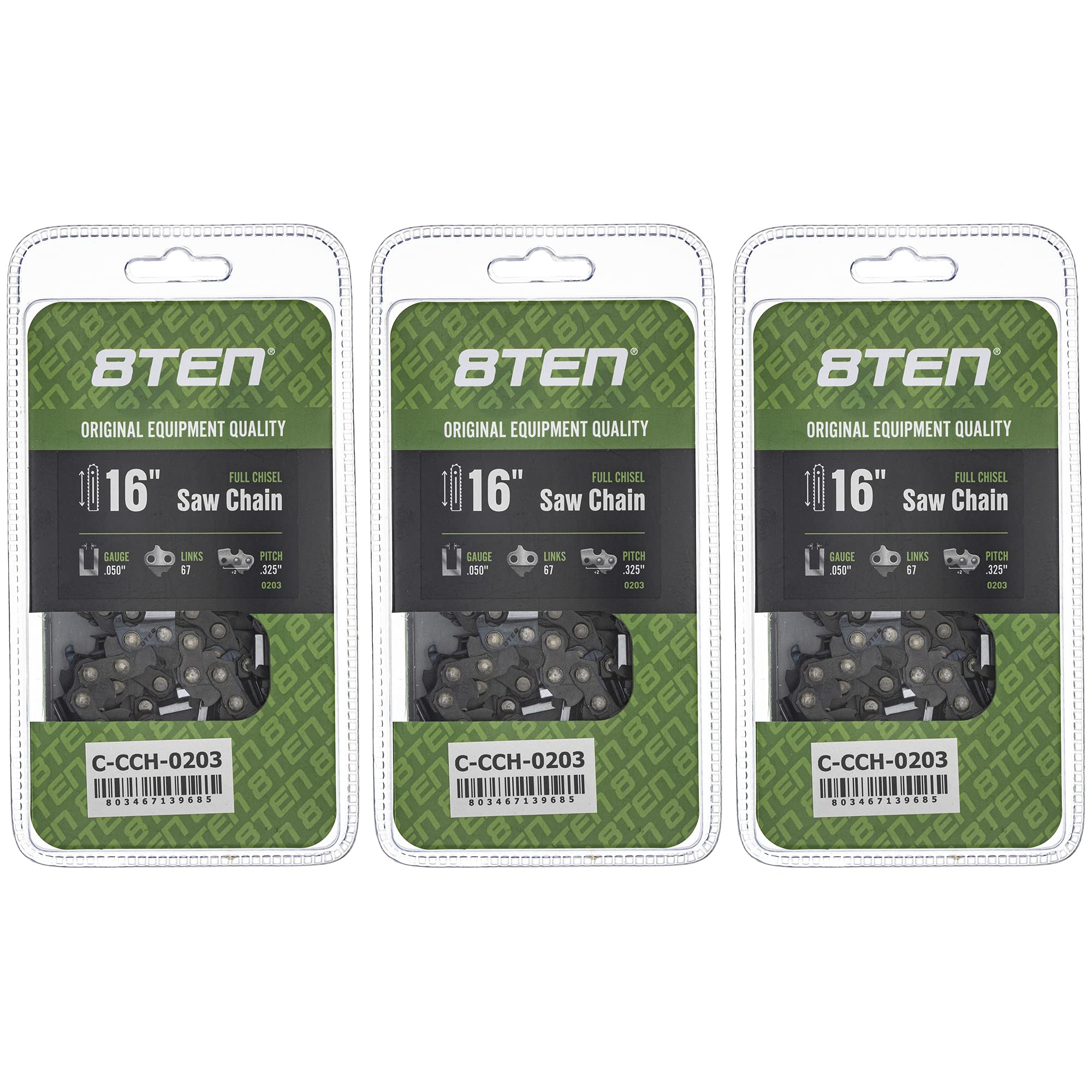 8TEN 16-Inch Full Chisel Chainsaw Chain .050 Gauge .325 Pitch 67DL - Compatible with Stihl MS270, Solo 651, Homelite 240 (3-Pack) - Ideal for Tree Cutting, Firewood Processing & Landscaping