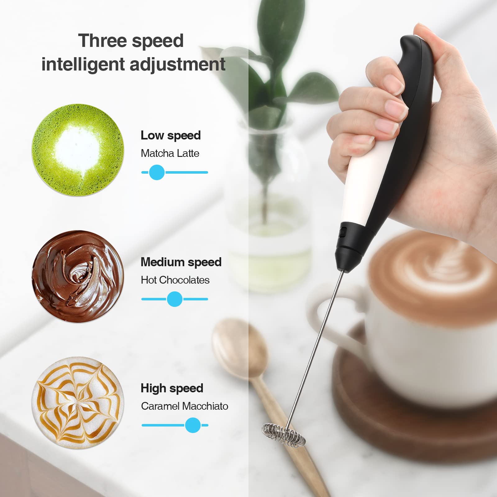 Premium Electric Milk Frother - Stainless Steel Handheld Frother with Bigger Handle for Coffee, Latte, Cappuccino & Hot Chocolate - Perfect for Home, Office & Cafe Use